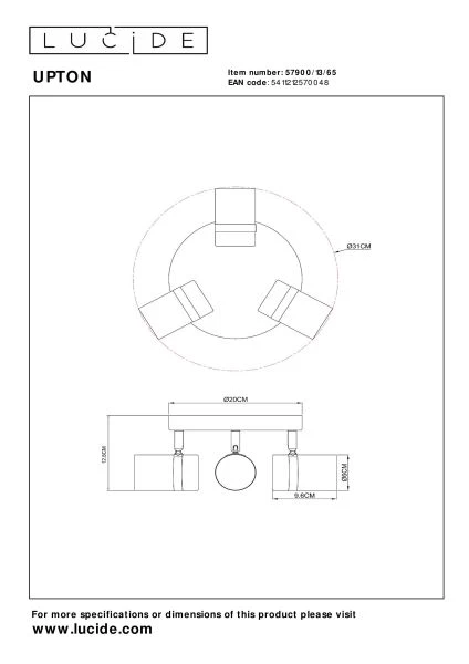 Lucide UPTON - Spot plafond - 3xGU10 - Fumé - technique